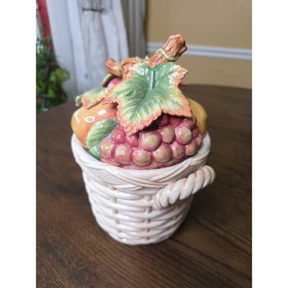 Fitz & Floyd Basket Weave Cookie Jar / Canister - Apple Plums Pear Grape 10 X 8 - Picture 4 of 16